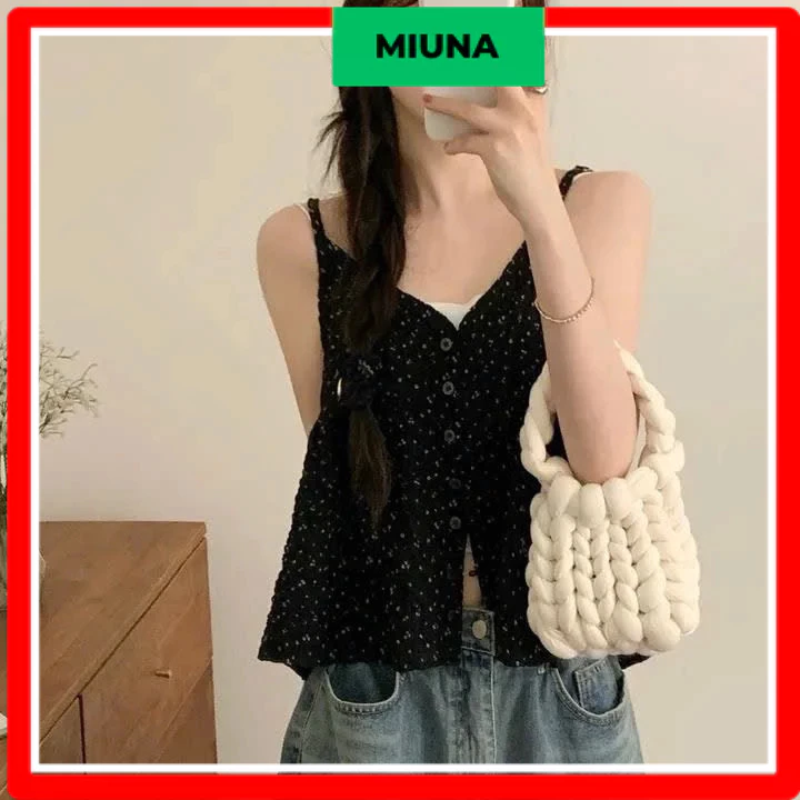 Áo hai dây hoa nhí Miuna cổ V, Áo babydoll dáng xòe phong cách mùa hè năng động A62
