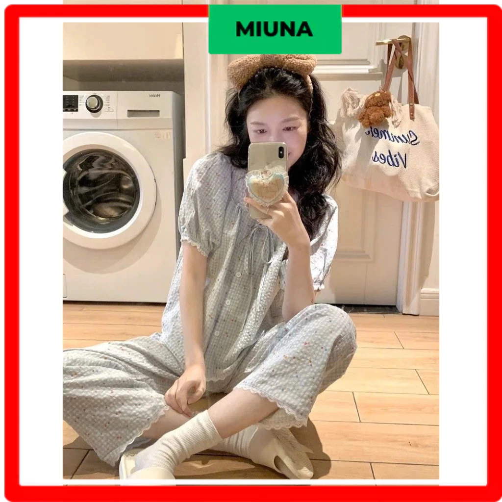 Bộ đồ ngủ hoa nhí phối viền ren MIUNA cổ sen, Đồ ngủ nữ áo cộc cổ thắt nơ xinh ST7