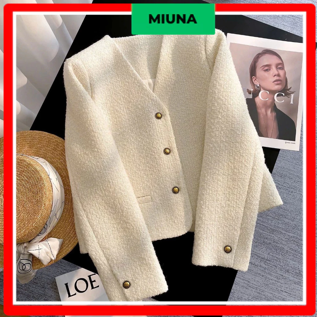 Áo khoác tweed Miuna dáng ngắn cổ tim, Áo khoác dạ nút kim loại – phong cách thanh lịch Hàn Quốc - AK72