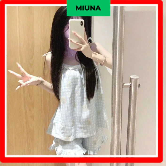 Bộ đồ ngủ nữ Miuna 2 dây caro xanh, Set pijama sexy mềm mại phong cách mùa hè ST18