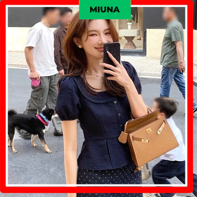 Áo sơ mi nữ Miuna cổ vuông, Áo sơ mi dáng ngắn nhấn eo dịu dàng S67