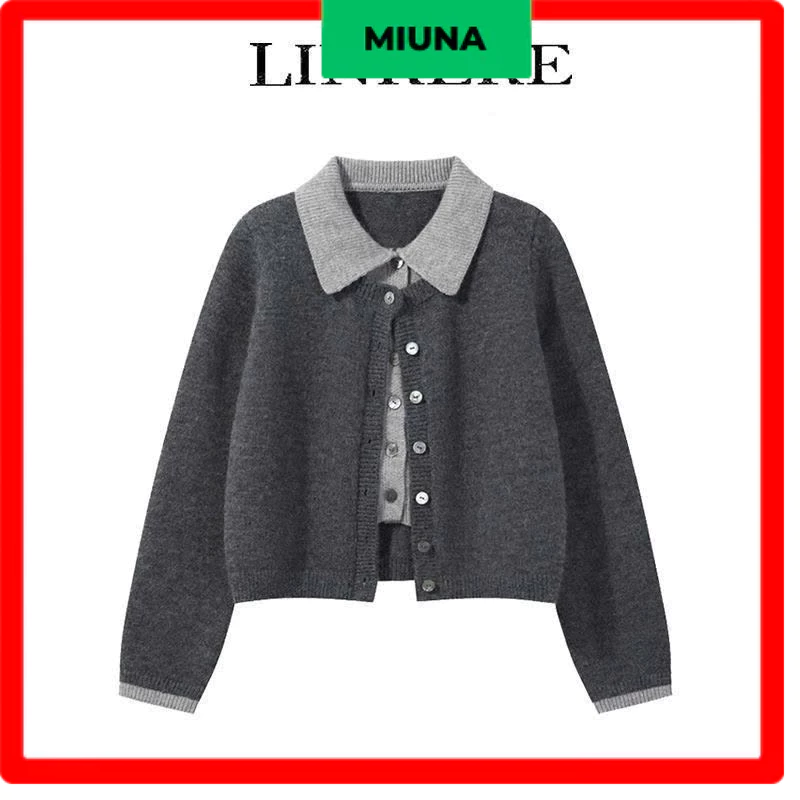 Áo cardigan Miuna phối 2 lớp , áo len có cổ màu xám phong cách Hàn Quốc-ca80