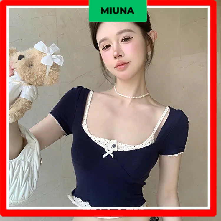 Áo thun ôm body nữ Miuna thun gân tay ngắn , Áo thun cổ vuông phối 2 lớp nữ basic Hàn Quốc -A01