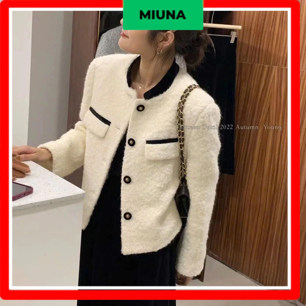 Áo khoác lông xù Miuna dáng ngắn thanh lịch, áo khoác dạ Hàn Quốc viền đen style tiểu thư -AK70
