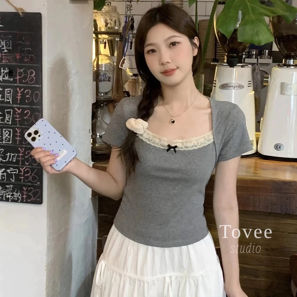 [XẢ HÀNG] Áo Thun DÁNG DÀI CỔ VUÔNG REN NƠ Vạt Tròn Bầu Thun Gân BM222, Áo Babytee Tay Ngắn Kiểu Ôm Body Nữ TOVEE