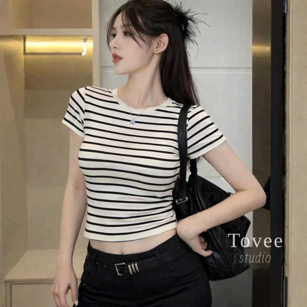 [XẢ HÀNG] Áo Thun Tay Ngắn BABYTEE KẺ SỌC CỔ TRÒN Dáng Dài Nữ Chất Cotton BM95, Áo Thun nữ Kiểu Chiết Eo Ôm Body TOVEE