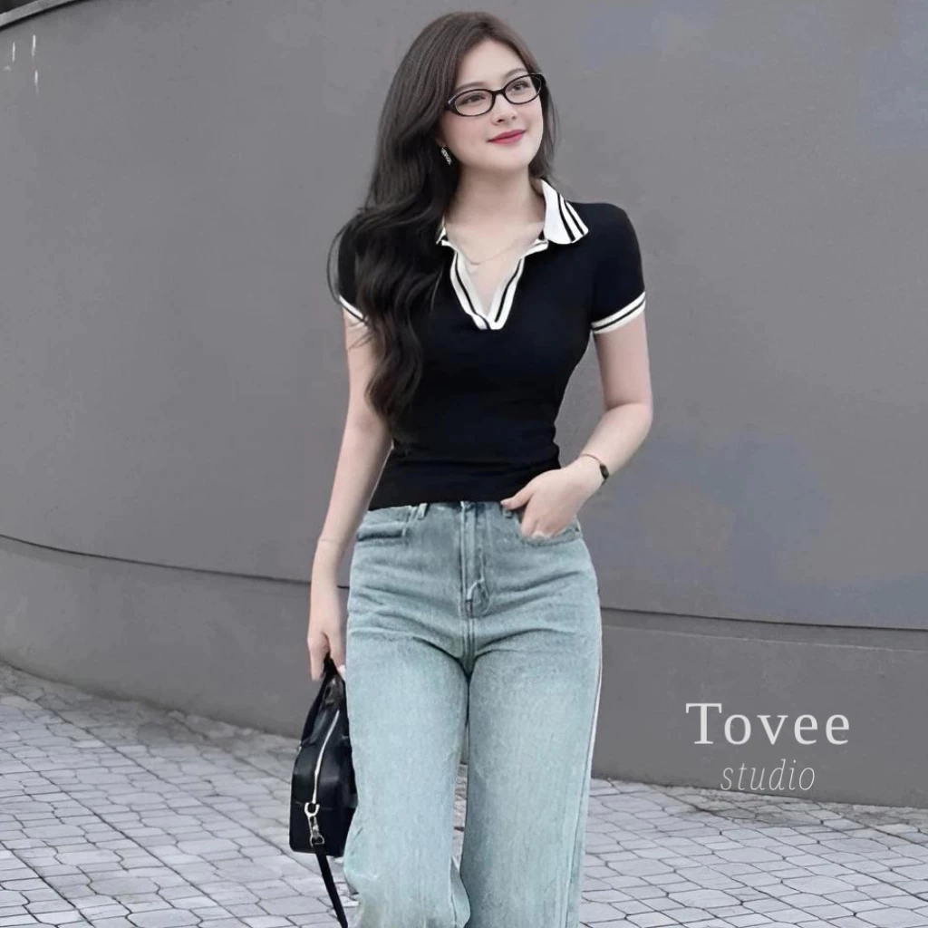 [XẢ HÀNG] Áo Thun Tay Ngắn Dáng Dài CỔ POLO BO VIỀN Nữ BM195, Áo BabyTee Cổ V Chất Thun Borip Ôm Body HIBONG