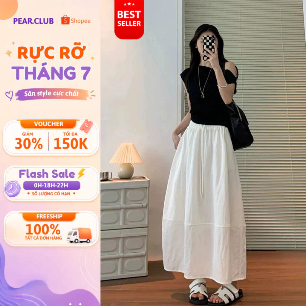[BST HÈ 2026] Chân váy chữ A dáng dài PEAR.CLUB, chân váy gió trắng dáng xòe mềm mát, mặc đi chơi, đi biển hè V111
