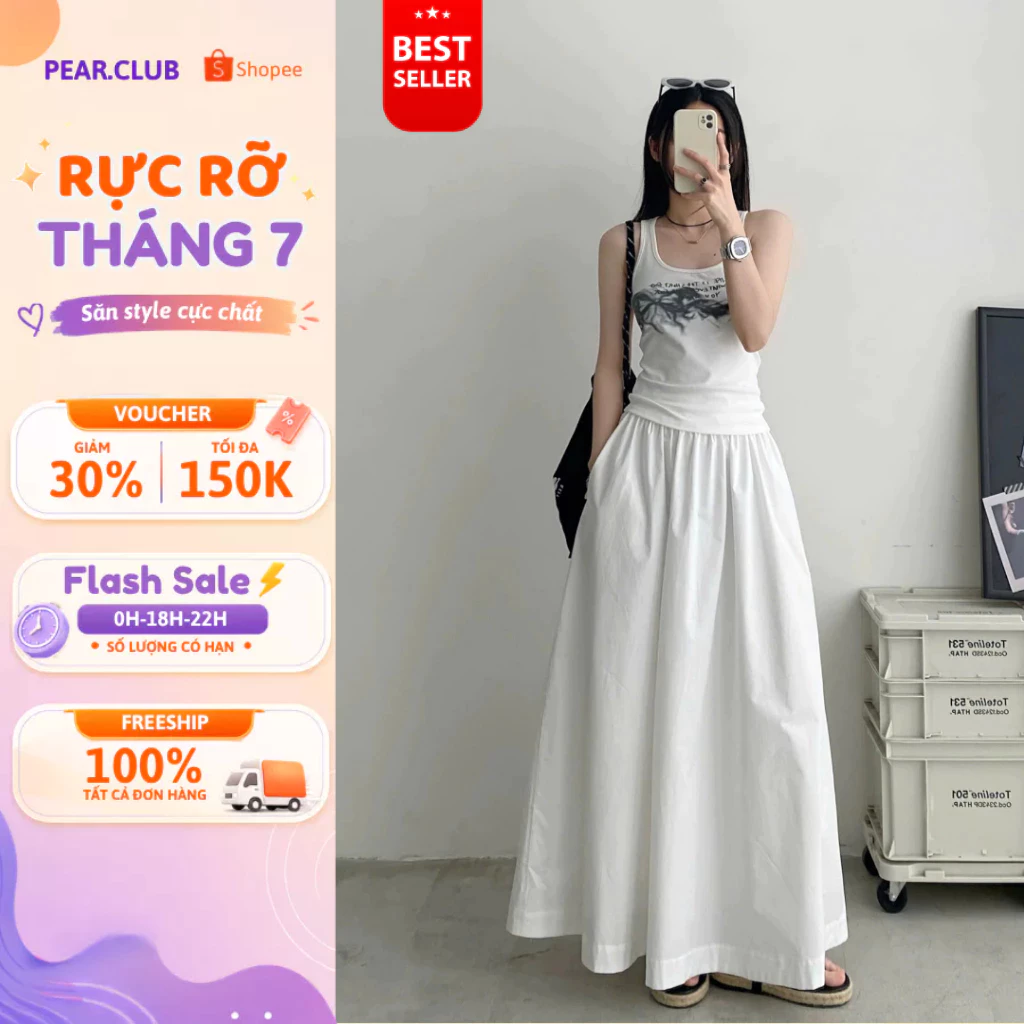 Chân váy chữ A dáng dài PEARCLUB, váy nữ suông màu trắng BIGSIZE xòe chất cotton, mặc đi chơi đi làm thu đông V18