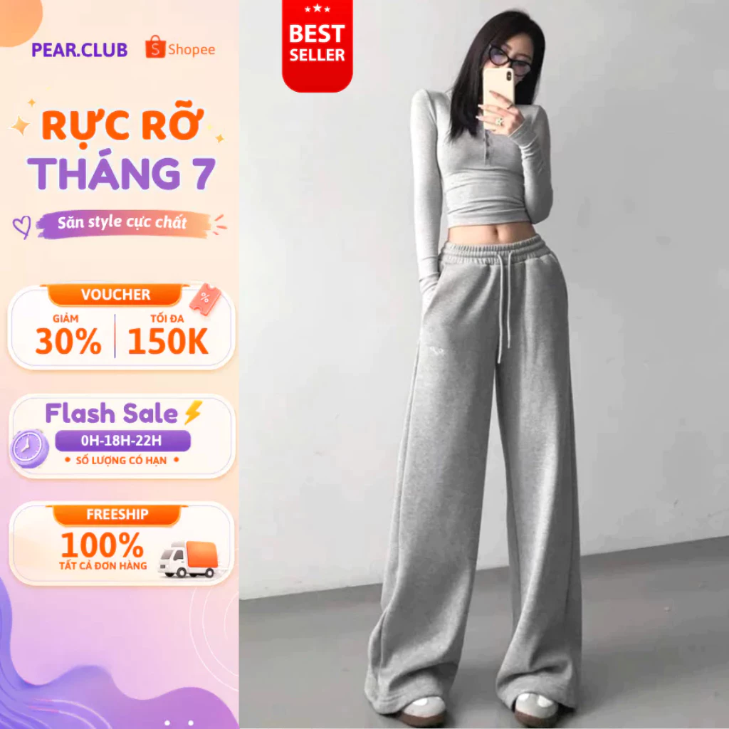 Quần Nỉ Ống Rộng Pear.club, Quần nữ dài dáng suông BIGSIZE form rộng dài thể thao cá tính nhảy dance thu đông Q86