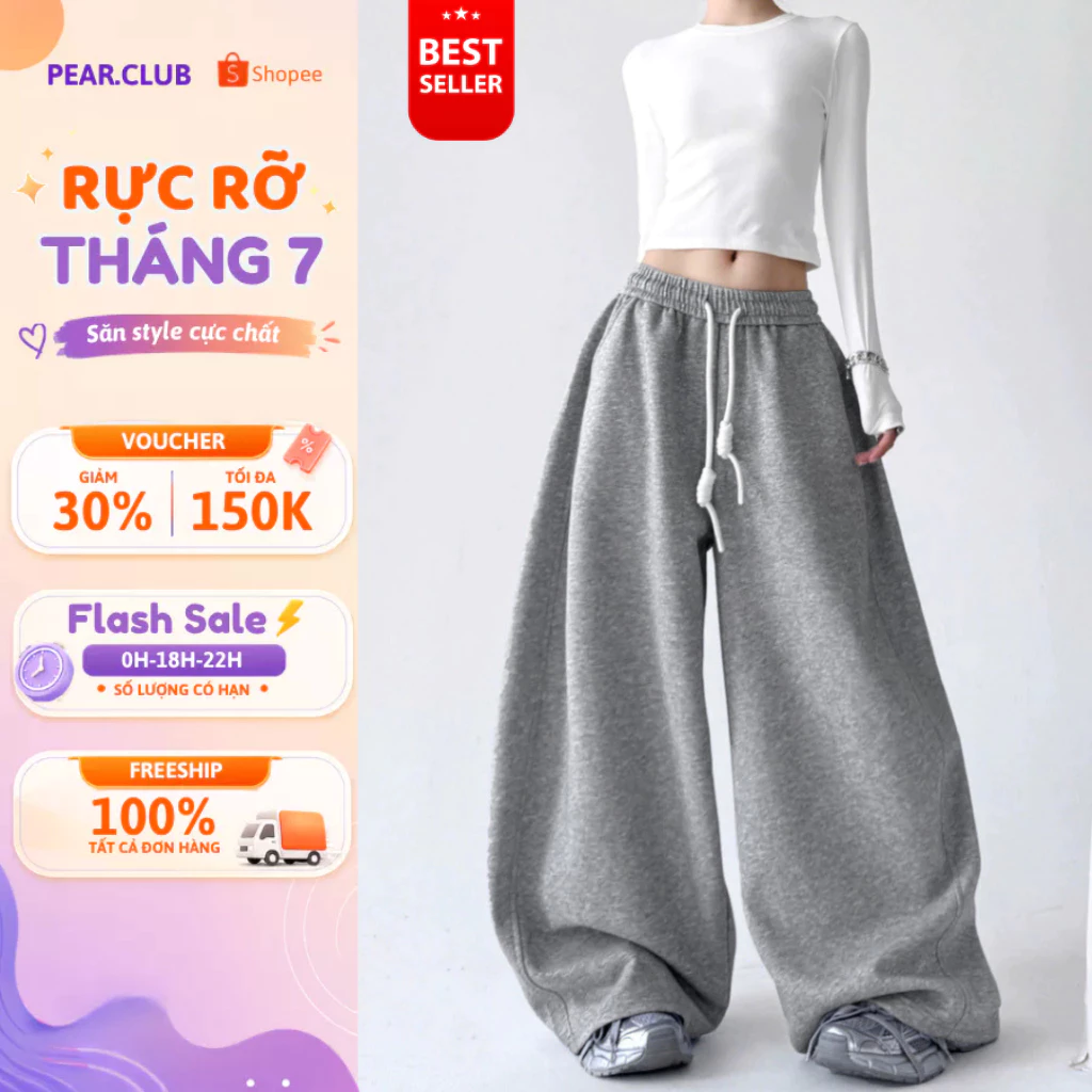 Quần nỉ ống rộng PEAR.CLUB, quần ống siêu rộng phối dây BIGSIZE mặc mùa thu đông nhảy dance, cá tính ghi xám Q128