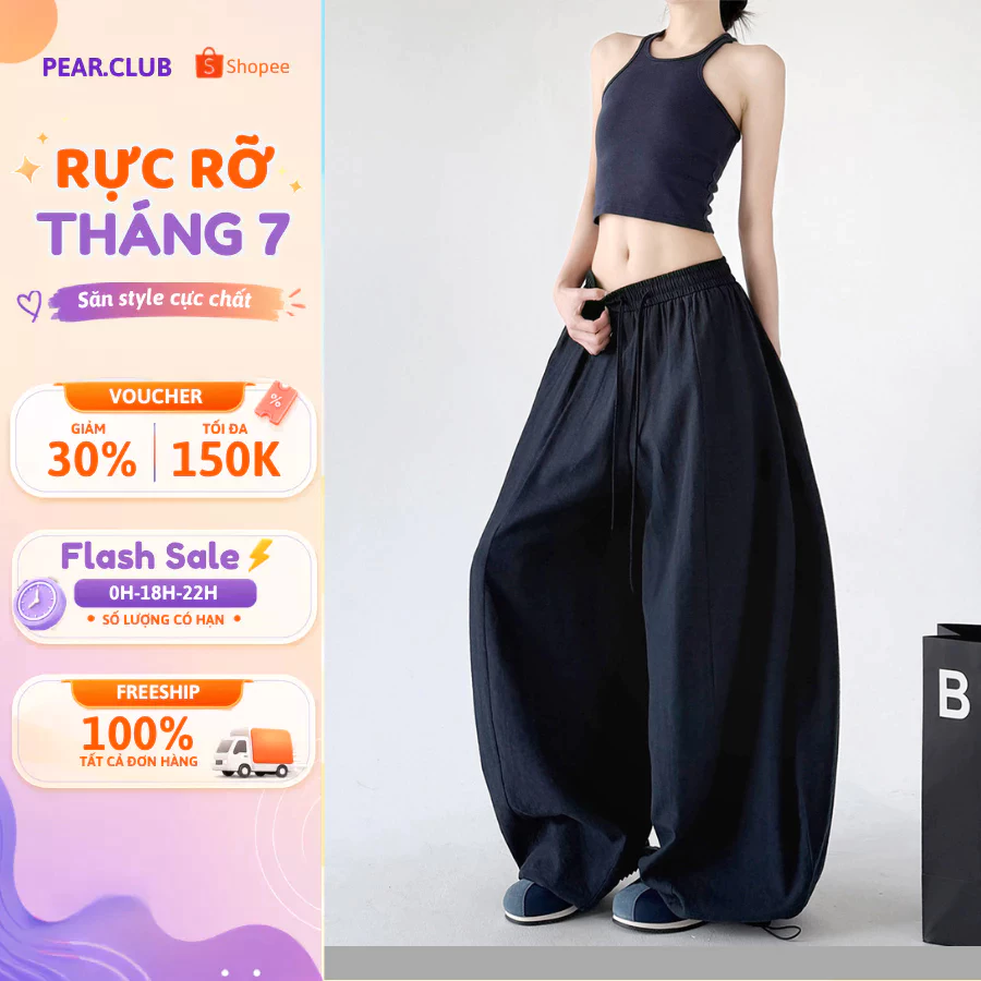 Quần ống rộng nữ PEAR.CLUB cạp chun dây rút, quần nữ dáng suông rộng vải mềm thoải mái Q206