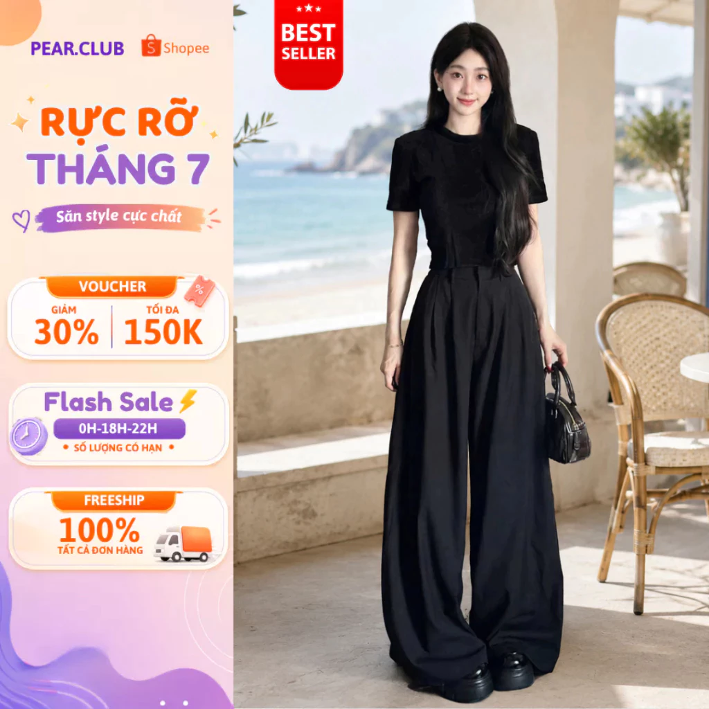 Quần ống rộng nữ LINA quần nữ cạp cao ống suông dài 105cm chất cotton cao cấp thoải mái đi biển, đi chơi - T10