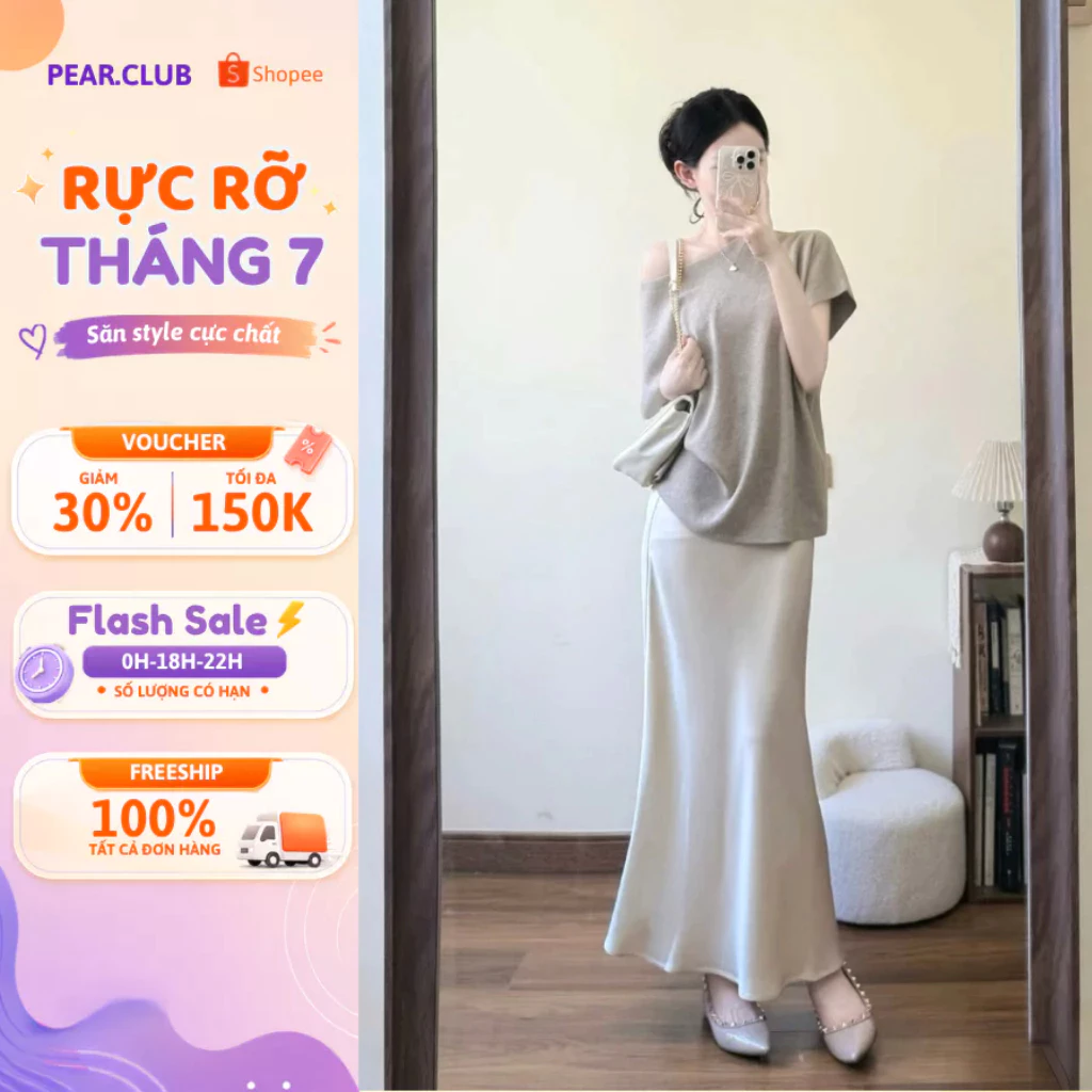 Chân Váy Lụa Dáng Dài Đuôi Cá PEAR.CLUB Cạp Cao Xếp Ly Đi Chơi Thu Đông, Chân Váy Midi Lụa Satin Cao Cấp V70