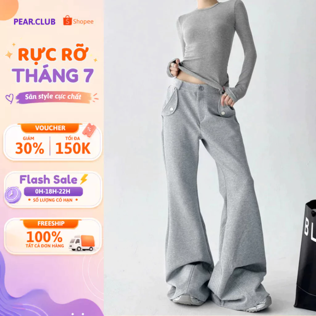 Quần loe ống rộng PEAR.CLUB, quần ống loe cài cúc BIGSIZE cá tính, mặc mùa thu đông đi chơi đi làm màu ghi đen Q77
