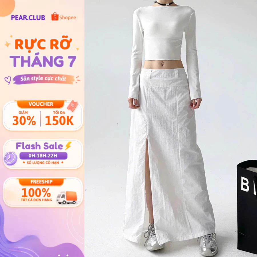 Chân váy dài xẻ tà chất gió nhăn PEAR.CLUB, chân váy chữ A dáng dài BIGSIZE cạp phẳng, đi chơi biển V23