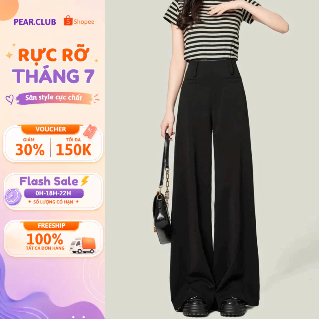 Quần Vải Ống Rộng Cạp Cao PEAR.CLUB, Quần Tây Ống Suông Phong Cách Hàn Quốc, Học Sinh Đi Học Đi Làm Q15