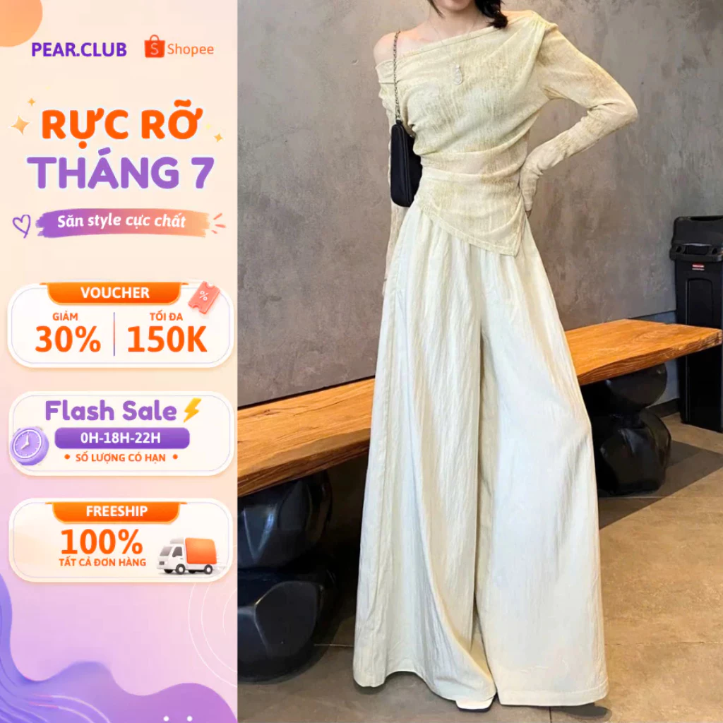 Quần dài ống rộng vải đũi PEAR.CLUB, quần đũi suông dài chất mềm mát, thoải mái mặc đi chơi, đi biển mùa hè 2025 Q98