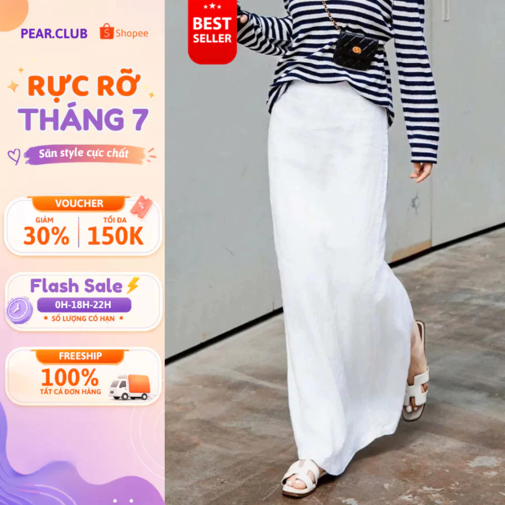 [CHẤT XỊN] Chân váy dáng suông chất đũi linen PEAR.CLUB, váy dài trắng BIGSIZE chất mềm mát mặc đi làm đi chơi V19