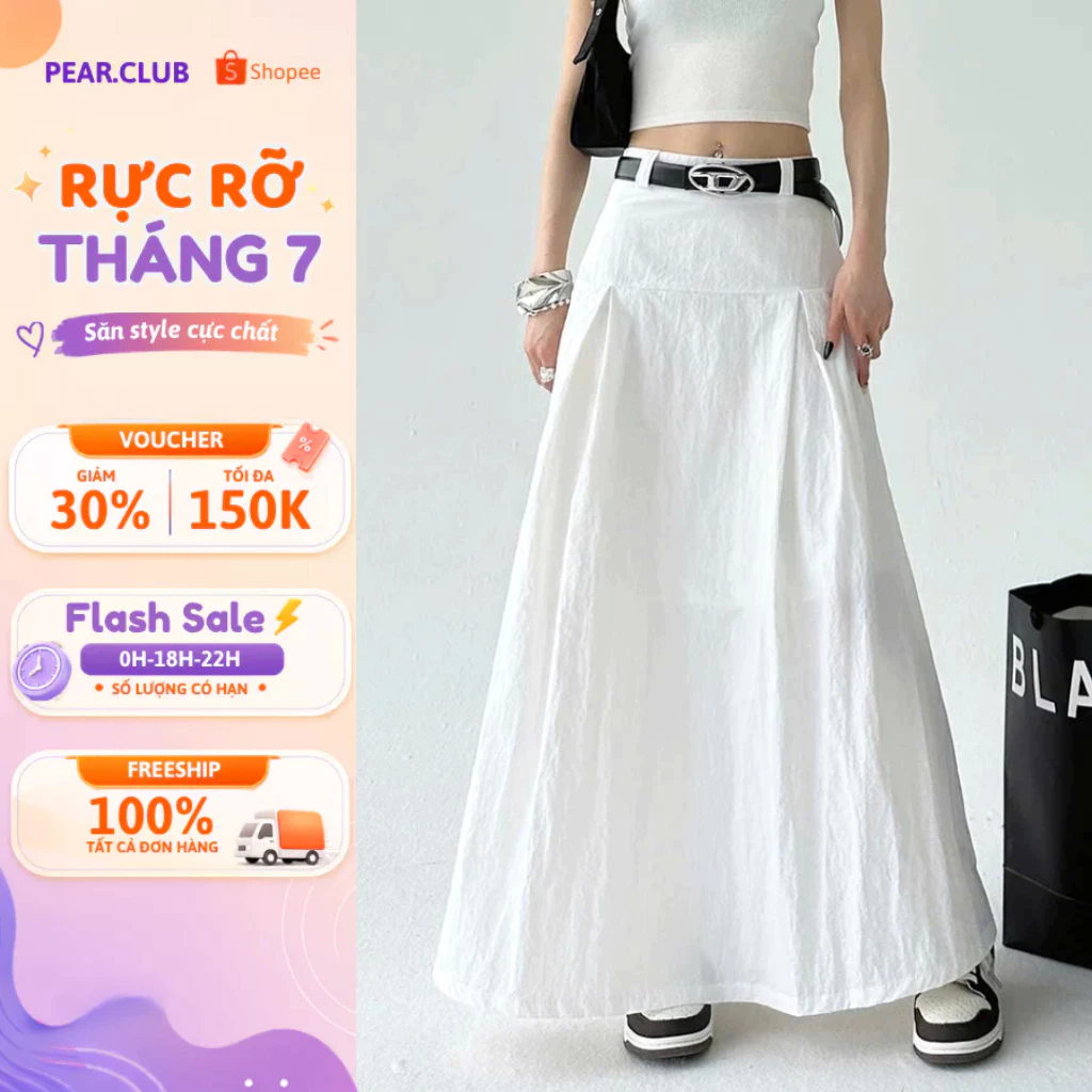 Chân váy chữ A dáng dài PEAR.CLUB, váy trắng nữ BIGSIZE chất vải đũi mềm màu trắng mặc đi chơi đi làm V22