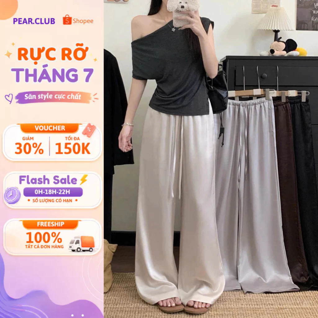 Quần lụa ống rộng PEAR.CLUB, quần ống suông rộng cho nữ phối dây chất mềm mát cao cấp mặc mùa hè đi biển Q303