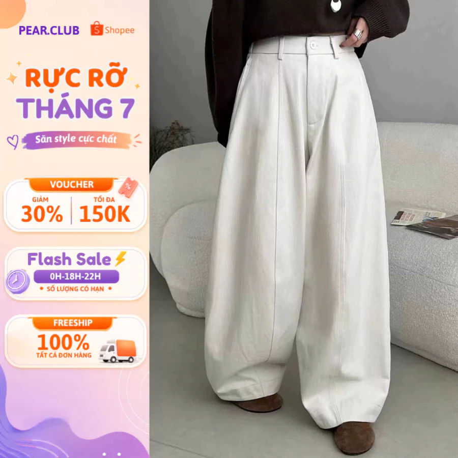 Quần ống rộng dáng parachute chất kaki jean PEAR.CLUB, Quần Ống Rộng Dáng Dài Unisex mặc học làm mùa hè đi biển  Q30