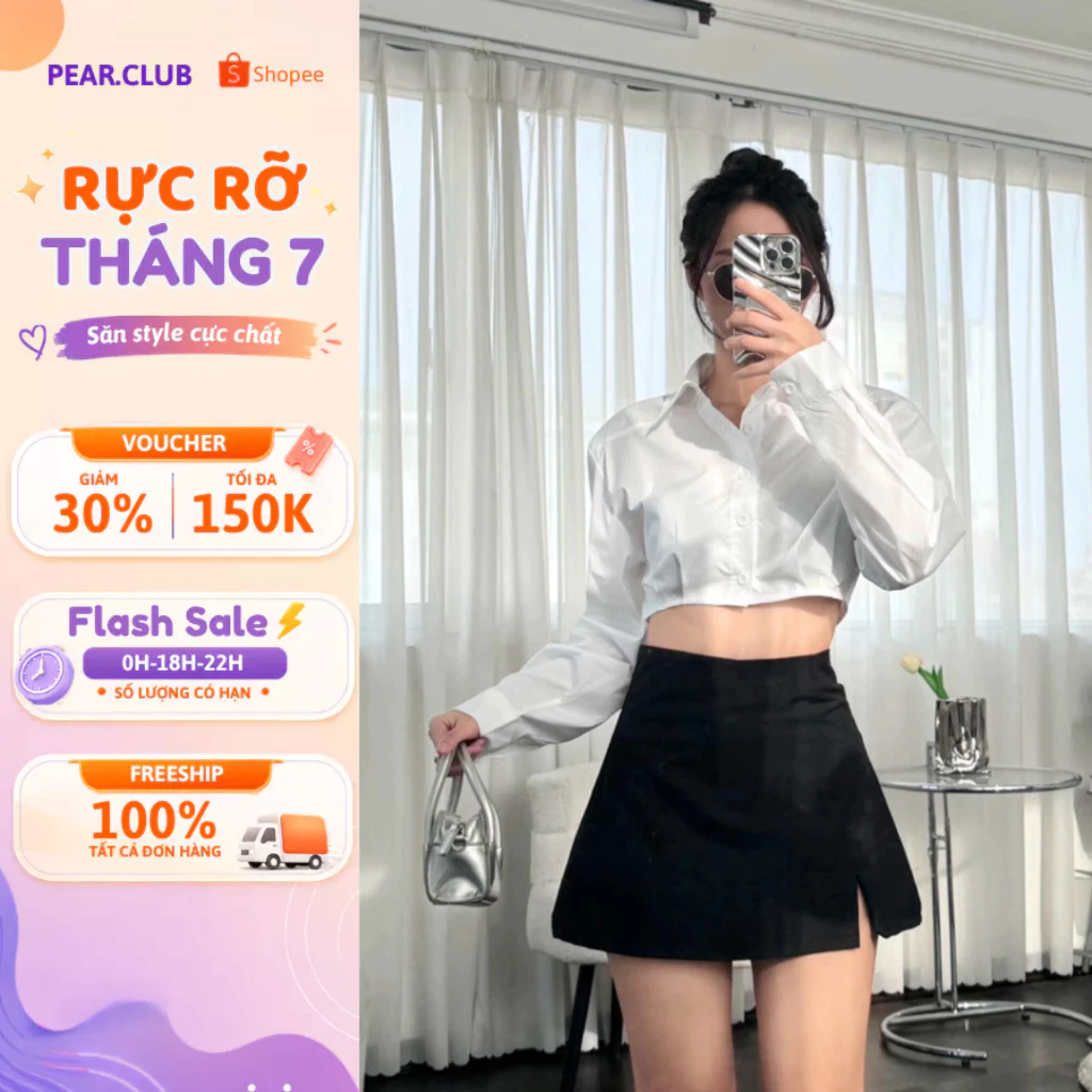 Áo sơ mi croptop MINA, áo sơ mi tay dài, có đệm vai, thoáng mát, tôn dáng, đi làm, đi chơi