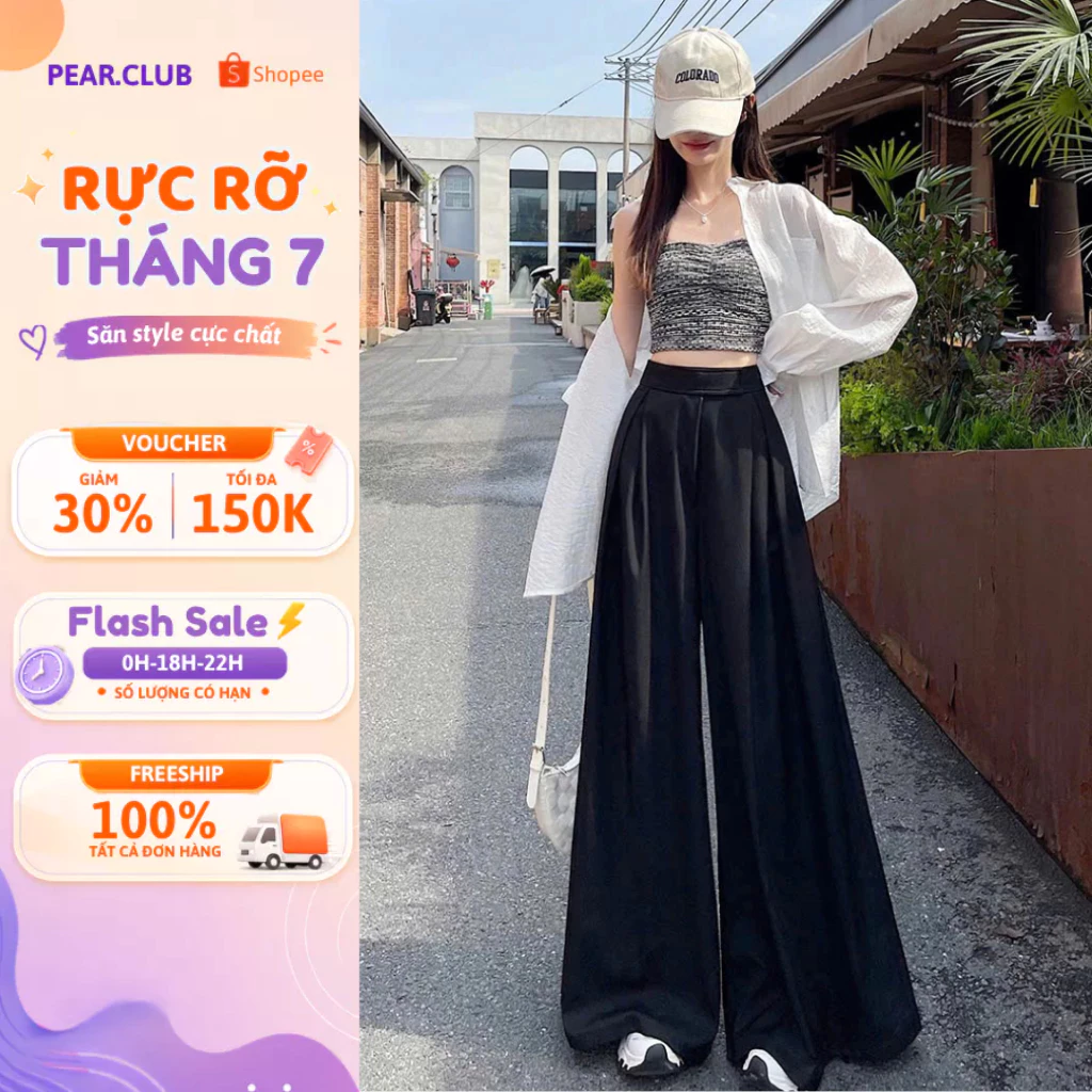 Quần tây ống rộng cạp cao PEARCLUB, quần vải ống rộng dài chạm đất, xếp ly tôn eo mặc đi học, đi chơi, đi làm Q14
