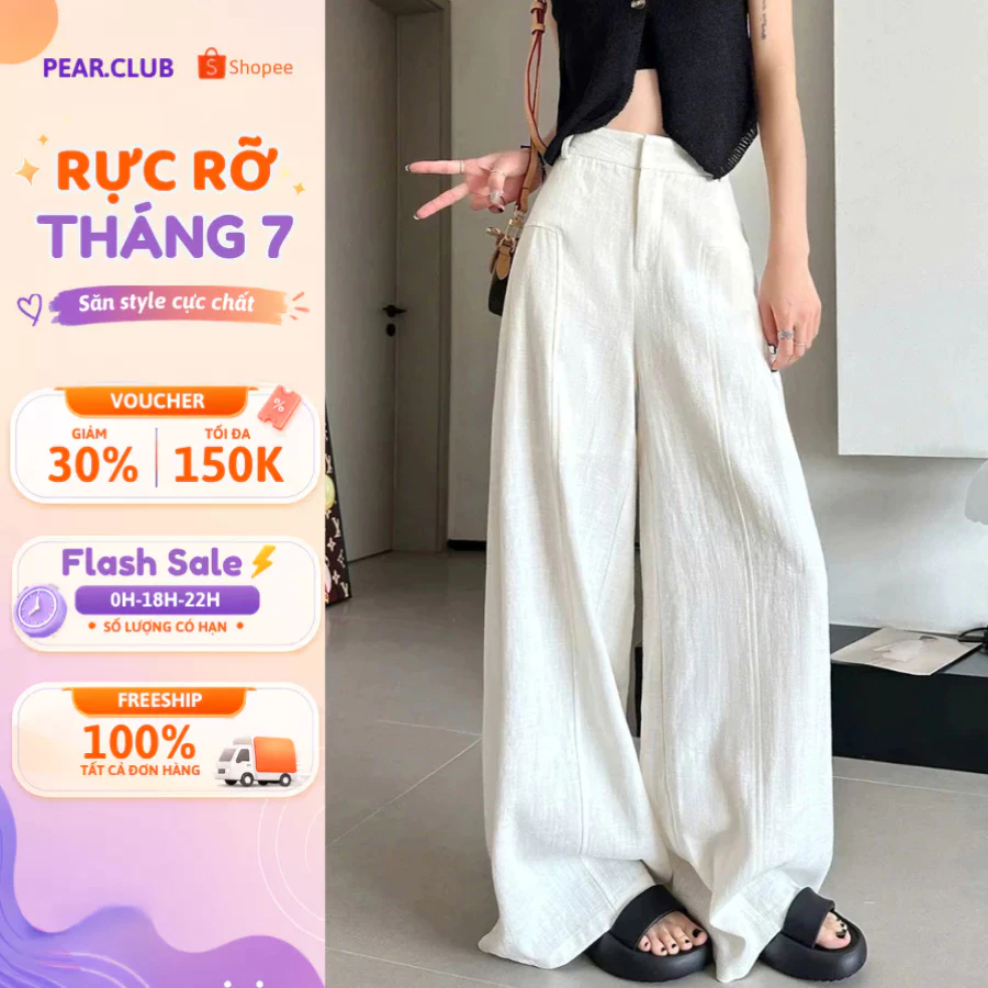 Quần dài ống rộng chất đũi Linen PEAR.CLUB, quần ống rộng cạp cao BIGSIZE sexy, cá tính mặc thoáng mát, mặc mùa hè Q103