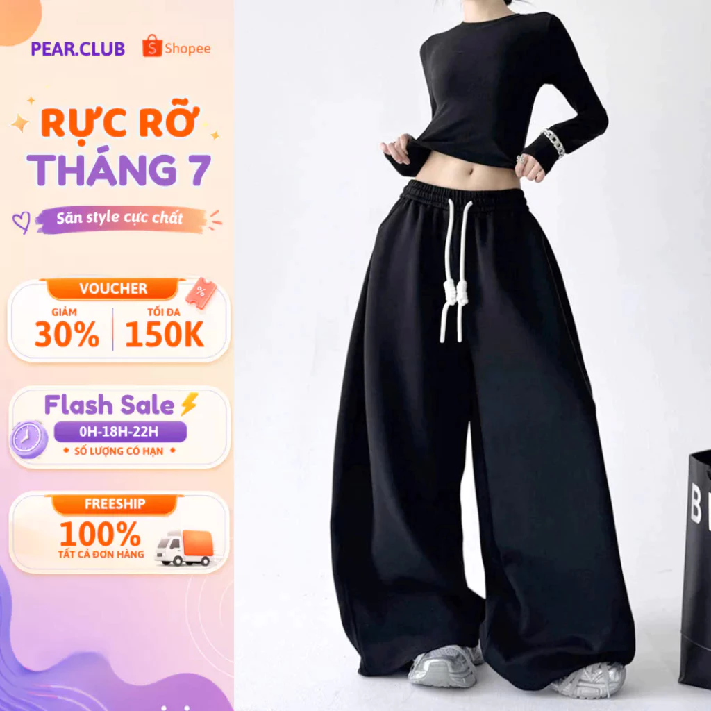 Quần nỉ ống rộng PEAR.CLUB, quần nỉ LOẠI 1, BIGSIZE xếp ly cạp cao, ghi năng động mùa thu đông nhảy dance Q128