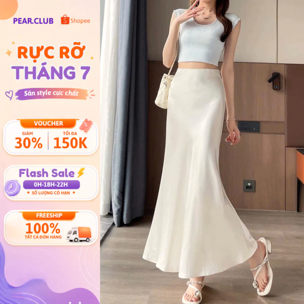 Chân váy lụa đuôi cá PEAR.CLUB, chân váy trắng BIGSIZE chất vải cotton mềm mịn mặc đi chơi, đi biển mùa hè V70