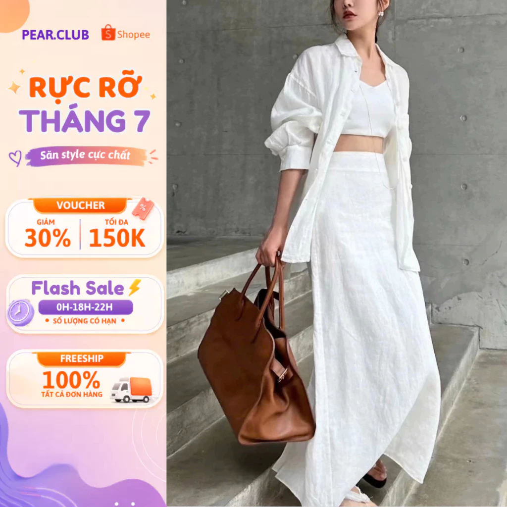 [BST HÈ 2026] Chân váy suông dài chất linen PEAR.CLUB, váy nữ màu trắng BIGSIZE mặc đi làm đi biển mùa hè V19