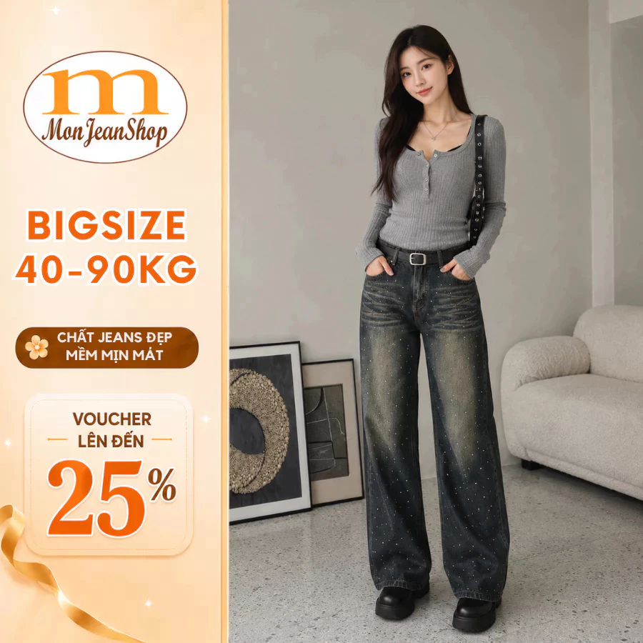 Quần Jean nữ bigsize ống suông đính đá MONJEANSHOP – Ms611 – Jean cotton mềm, màu xanh bụi cá tính