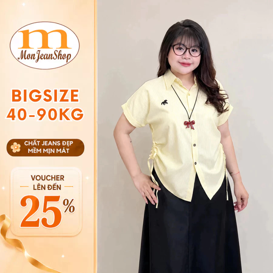Áo sơ mi nữ Bigsize tay ngắn phối sọc thêu ngựa sang chảnh có dây rút eo 4 màu MonJeanShop AT9021