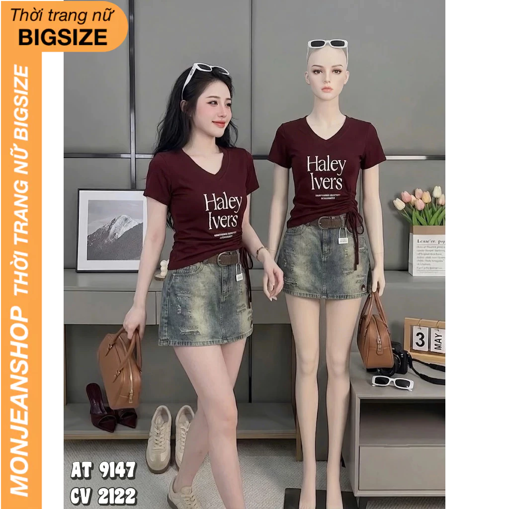 Áo Thun Nữ Bigsize Cổ Tim Nhún Một Bên Borip Cotton Cao Cấp Form Tôn Dáng Che Khuyết Điểm Dành Cho Nữ 55-90kg AT9147