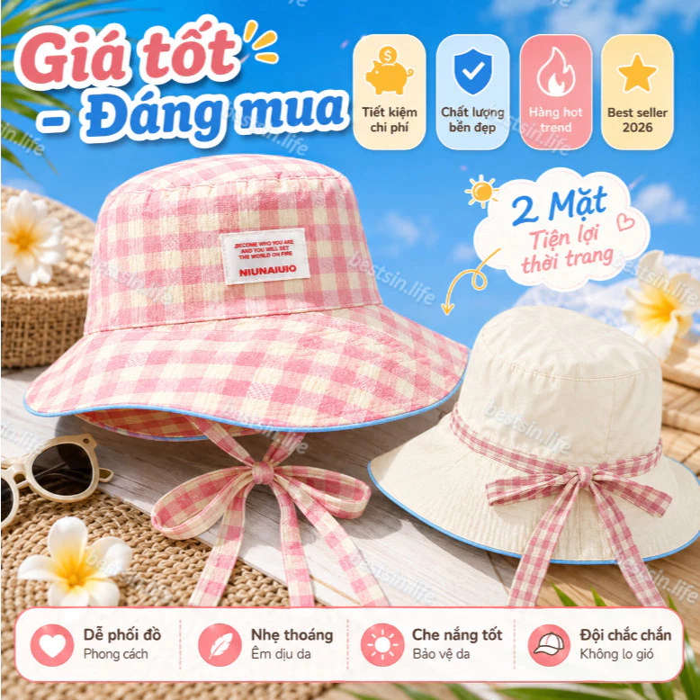 Mũ Bucket Nữ Rộng Vành 2 Mặt Caro Pastel Chống Nắng UPF50+ Dây Nơ Đi Biển Du Lịch