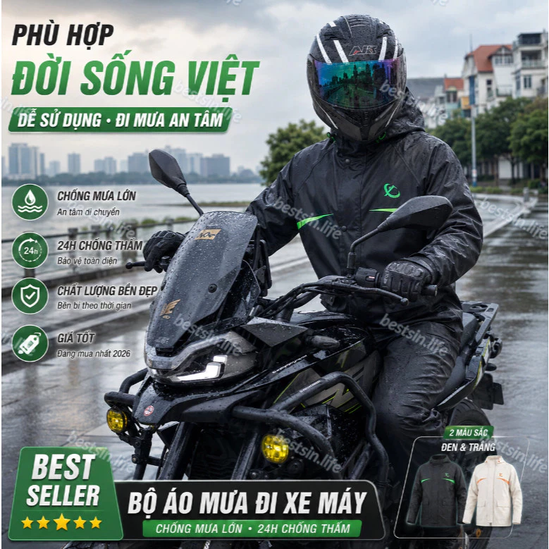 Bộ Áo Mưa Nam Nữ 2 Lớp Thoáng Lưng Phản Quang Kèm Quần PVC Chống Thấm Xe Máy