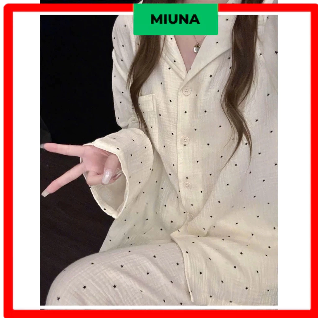 Bộ đồ ngủ nữ dài tay Miuna hoạ tiết sao nhí, Set pijama chất đũi màu be phong cách Hàn Quốc ST5