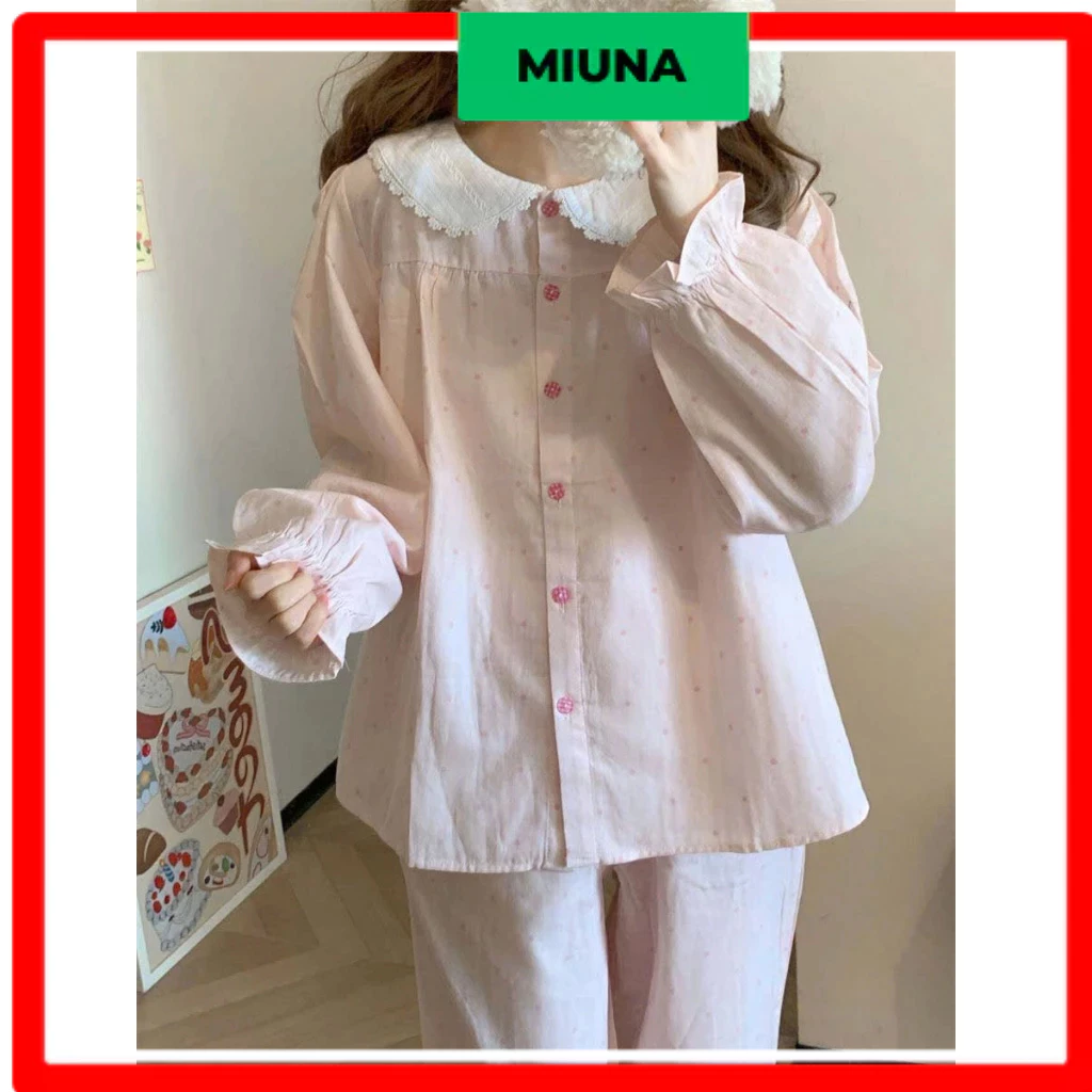Bộ đồ ngủ nữ dài tay Miuna cổ sen, Set pijama nữ dài tay chấm bi hồng phong cách đáng yêu ST10