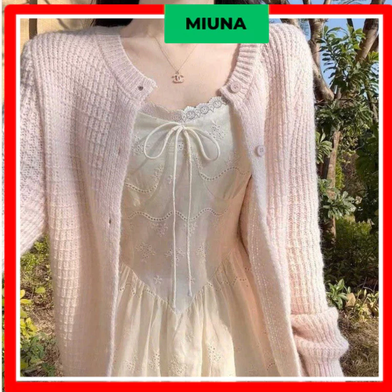 Áo cardigan nữ mỏng Miuna màu hồng pastel xinh xắn, Áo khoác len mỏng dệt đan ô phong cách Hàn Quốc CA06