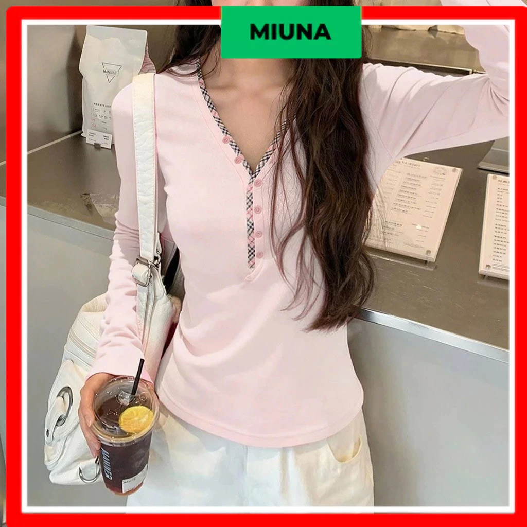 Áo thun dài tay nữ ôm body Miuna hồng pastel, Áo thu đông nữ kiểu Hàn Quốc phong cách trẻ trung AT18