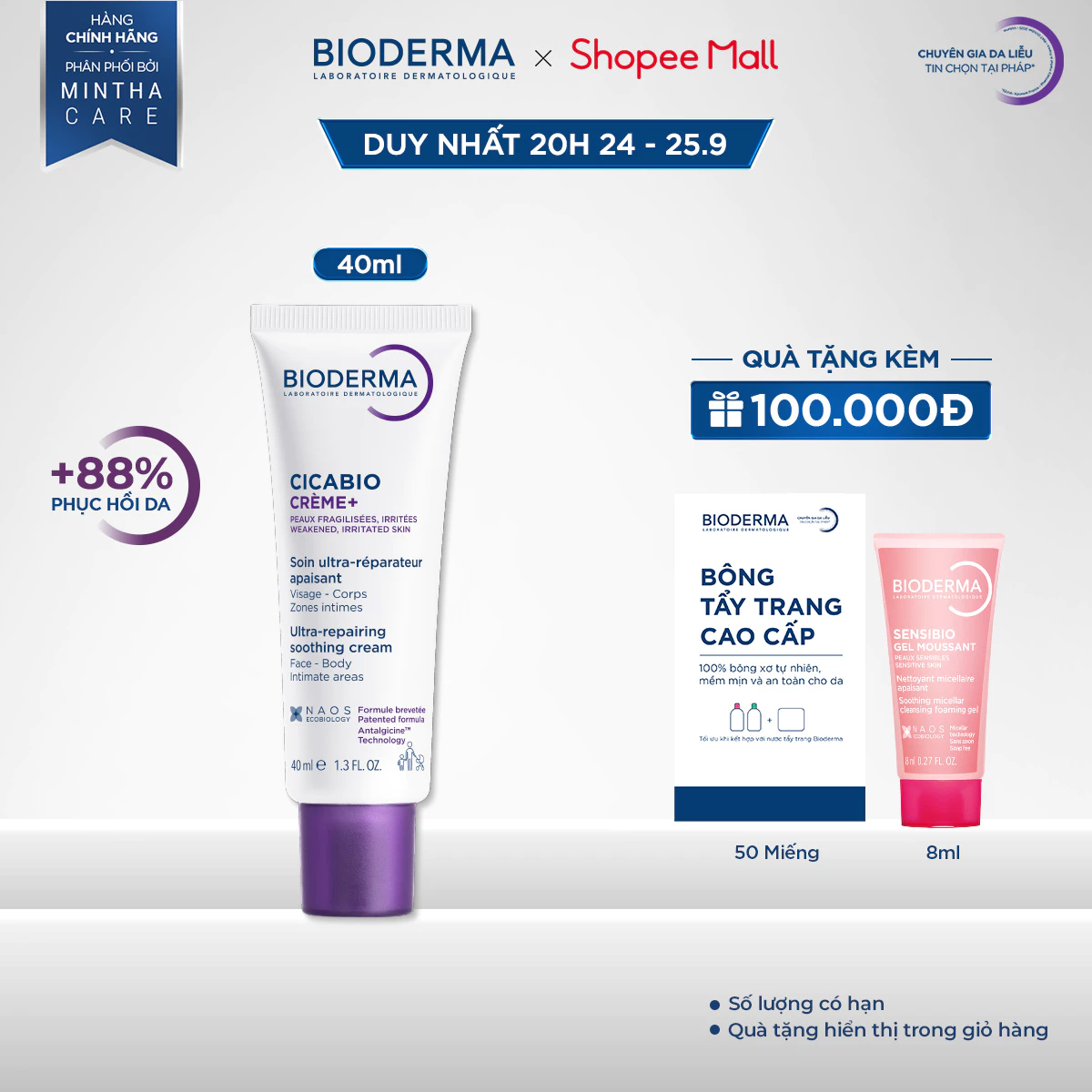 Kem phục hồi da tổn thương và ngăn ngừa sẹo Bioderma Cicabio Crème+ 40ml