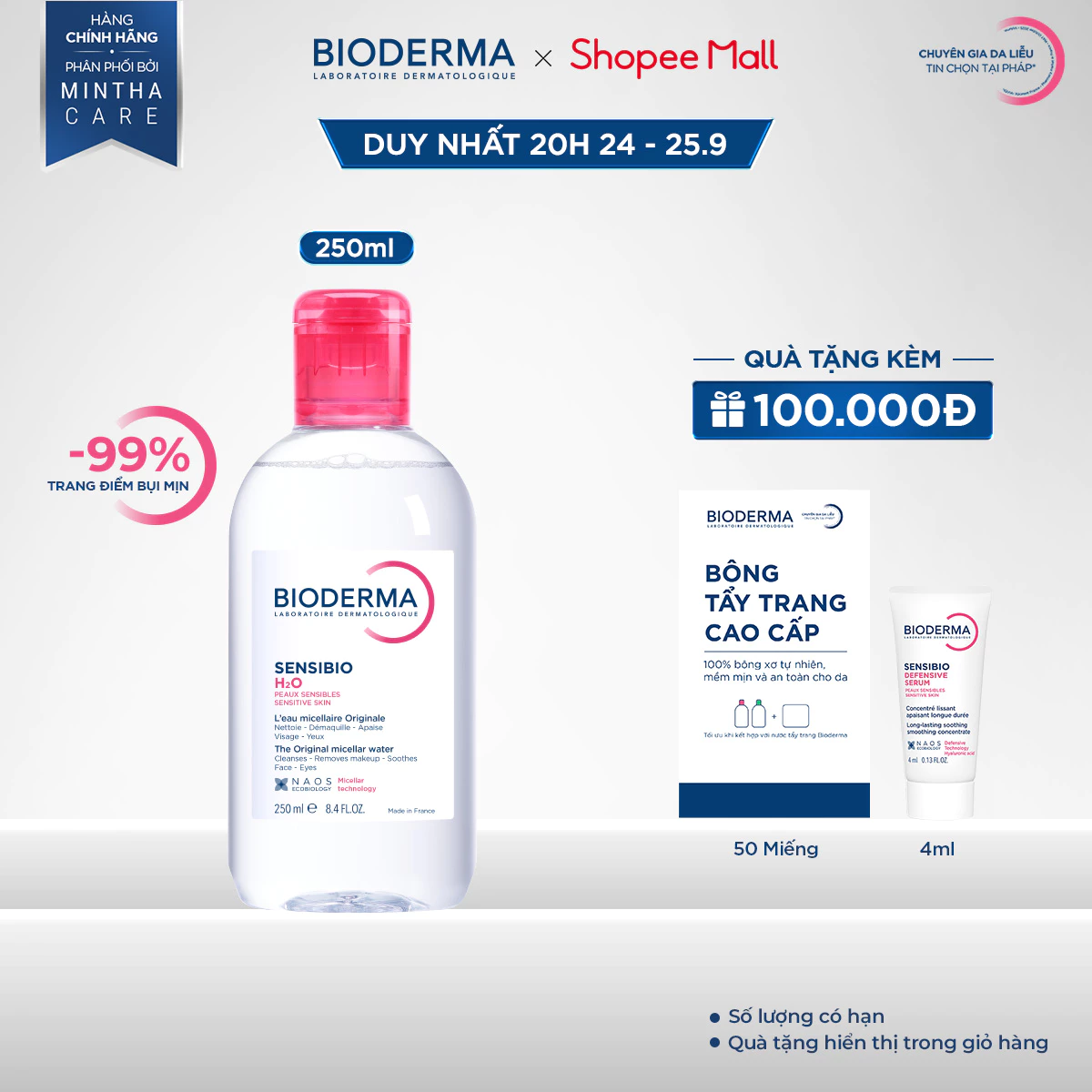 Dung dịch làm sạch và tẩy trang công nghệ Micellar Bioderma Sensibio H2O - 250ml