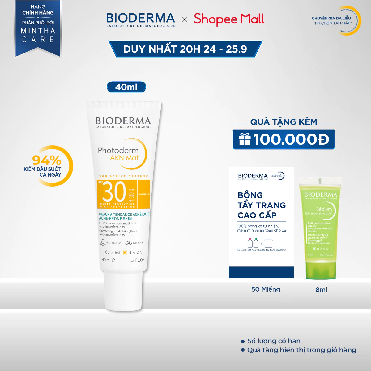 Chống nắng dành cho da mụn Bioderma Photoderm Akn Mat Spf30 - 40ml