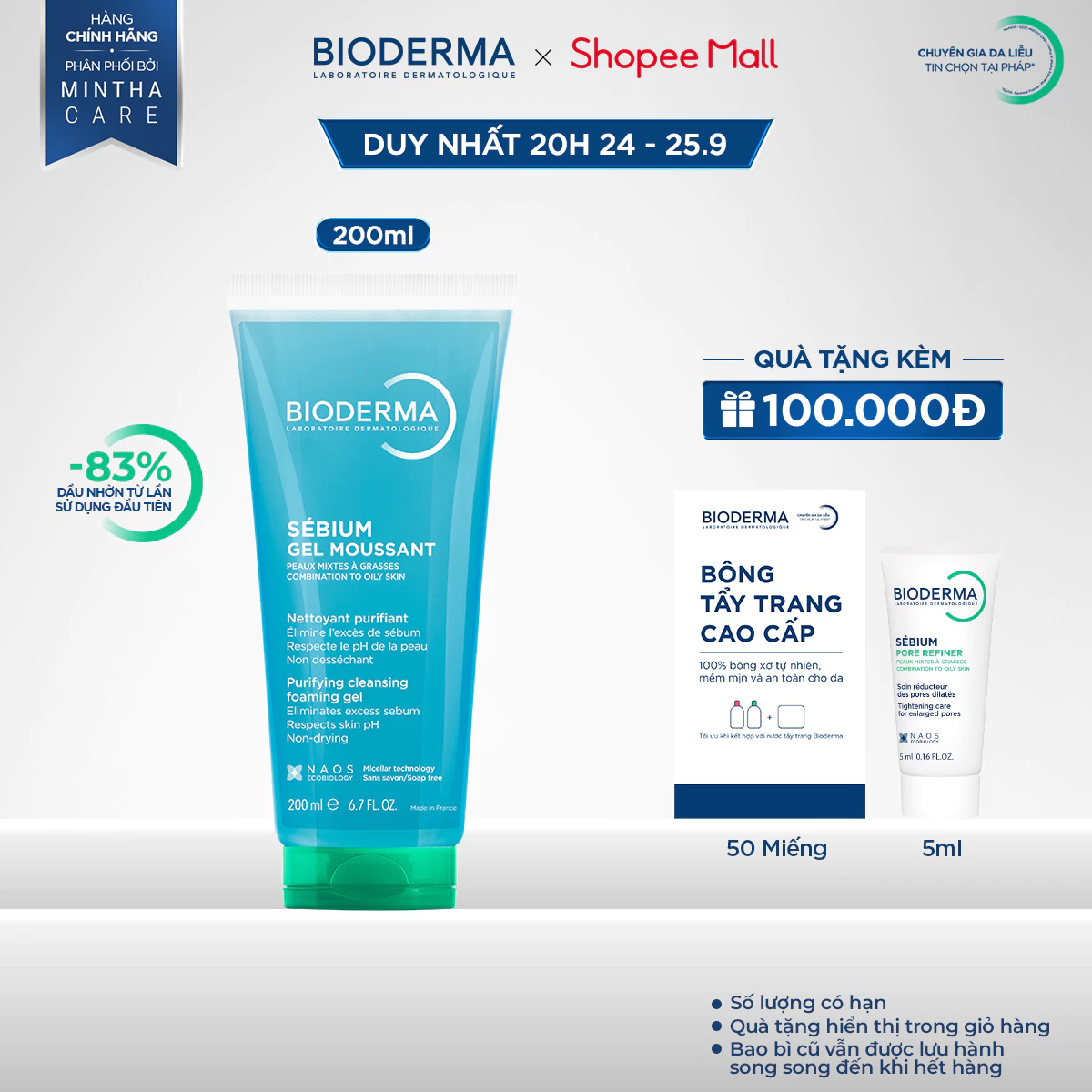 Gel rửa mặt tạo bọt cho da hỗn hợp và da dầu Bioderma Sebium Gel Moussant - 200ml (dạng tuýp)
