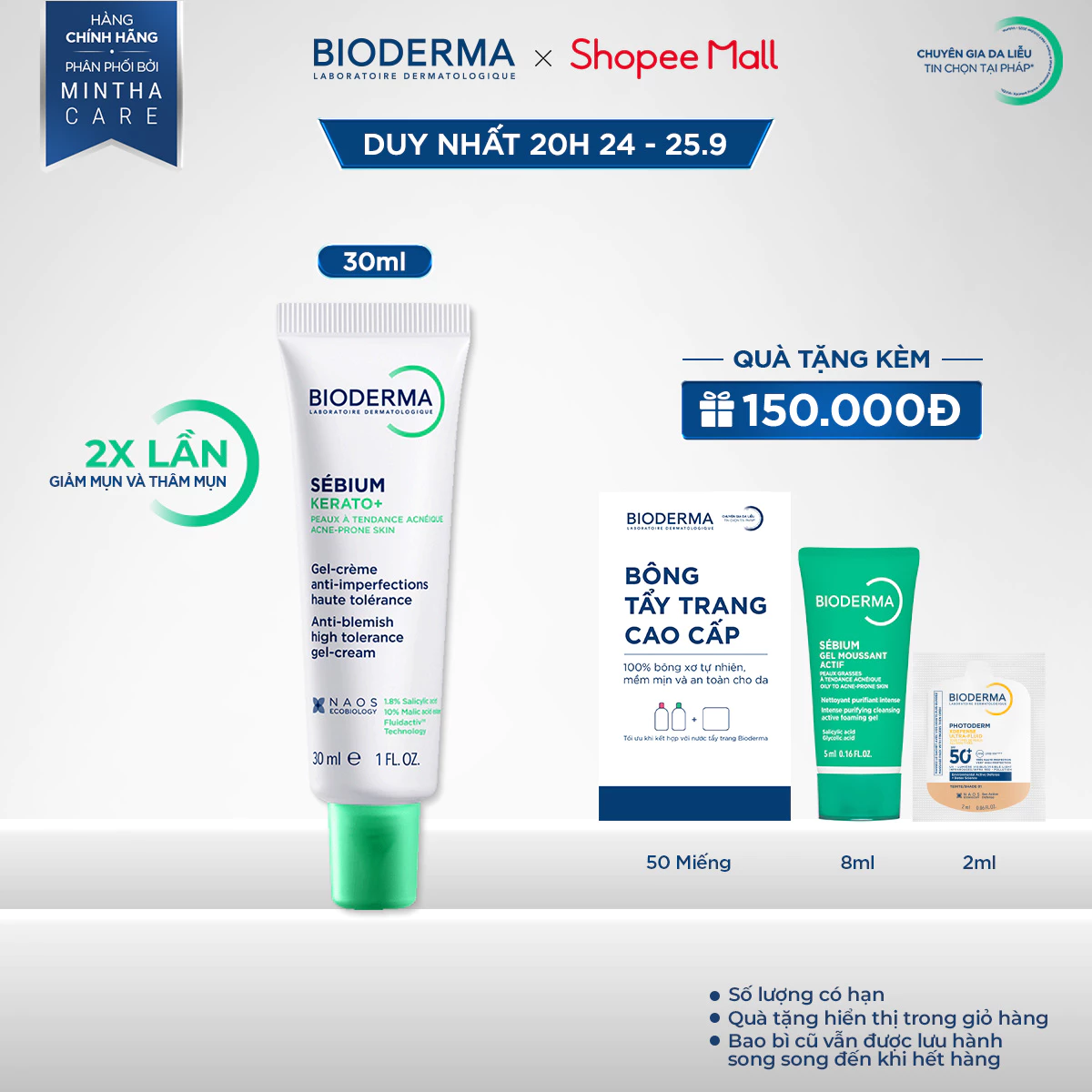 Kem dưỡng hỗ trợ giảm mụn chuyên sâu cho da mụn nhẹ đến trung bình Bioderma Sébium Kerato+ 30ml