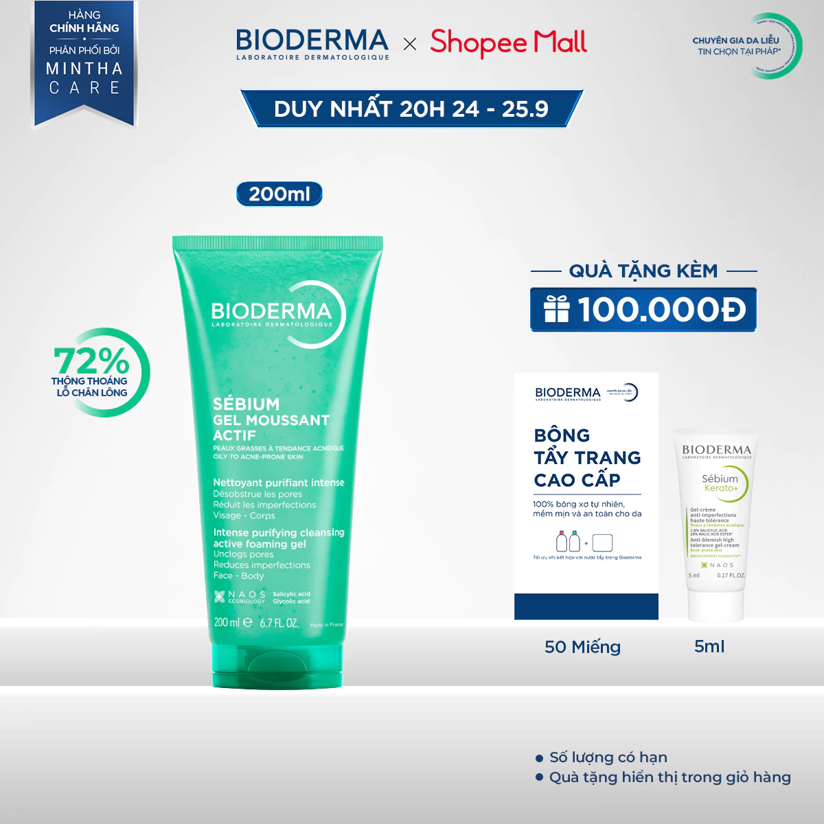 Gel rửa mặt làm sạch sâu và giảm mụn Bioderma Sébium Gel moussant actif - 200ml