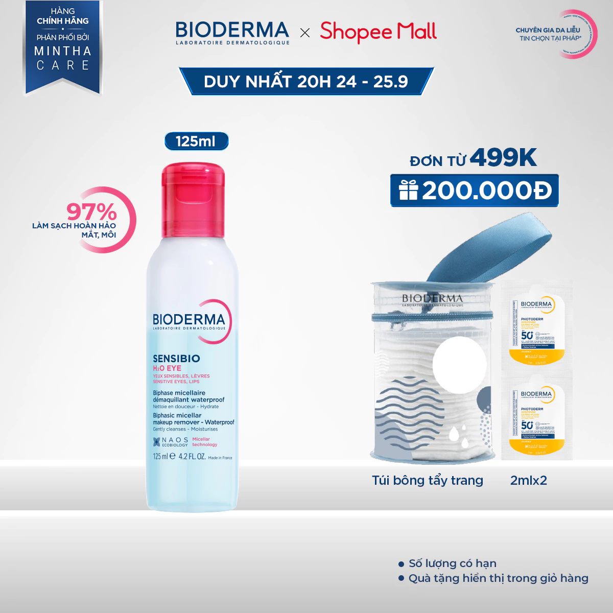 Tẩy trang mắt môi Micellar 2 lớp thế hệ mới: Sạch thoáng & Mềm ẩm Bioderma Sensibio H2O Eye - 125ml