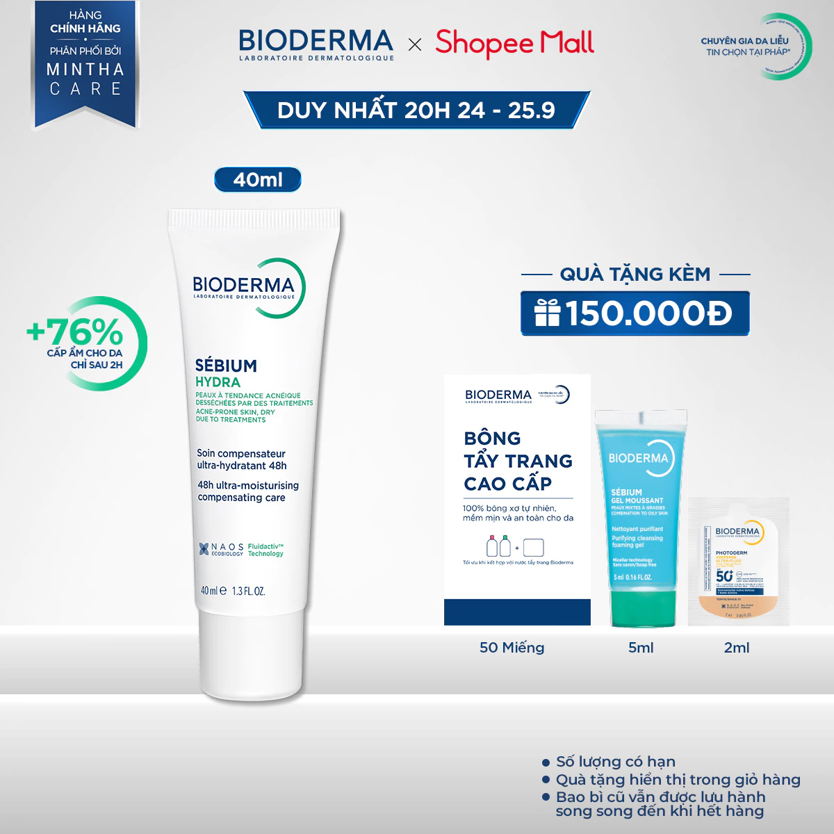 Kem dưỡng ẩm giảm khô căng, bong tróc cho da mụn Bioderma Sebium Hydra - 40ml