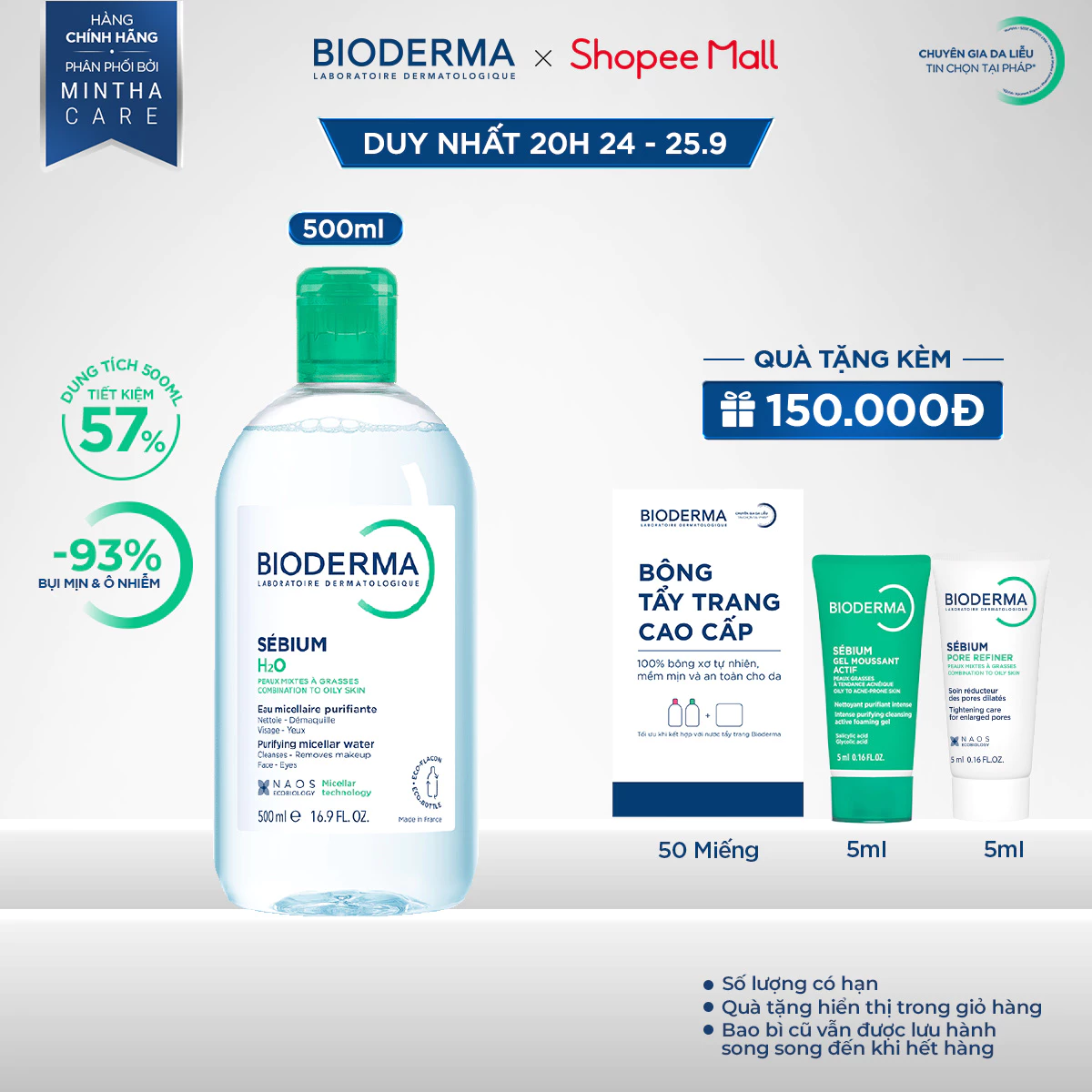 Dung dịch làm sạch và tẩy trang công nghệ Micellar cho da hỗn hợp, da dầu, và da mụn Bioderma Sebium H2O - 500ml